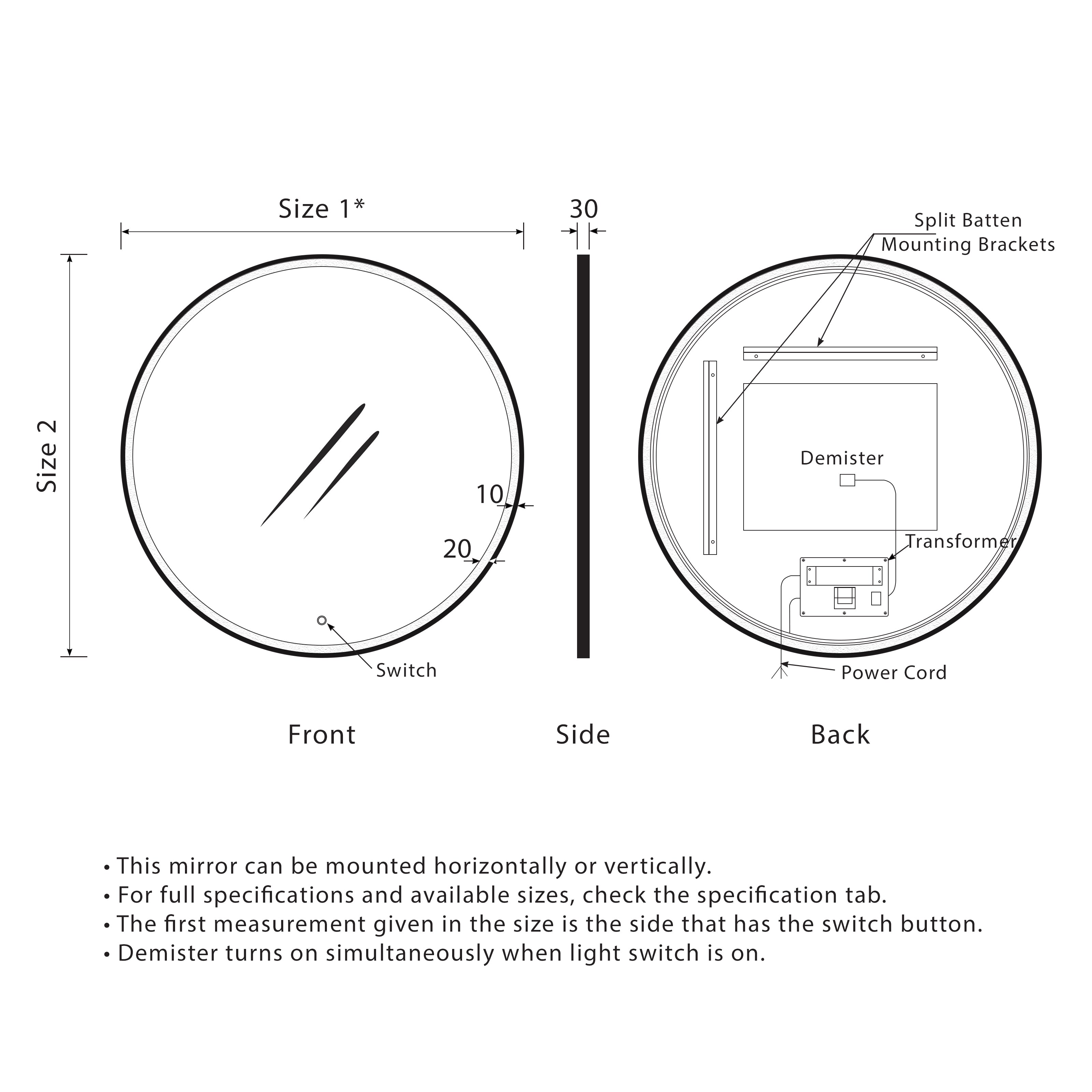 Circa Round Frontlit LED Mirror with Matte Black Frame and Demister | 3 sizes available, from 600mm to 1000mm |