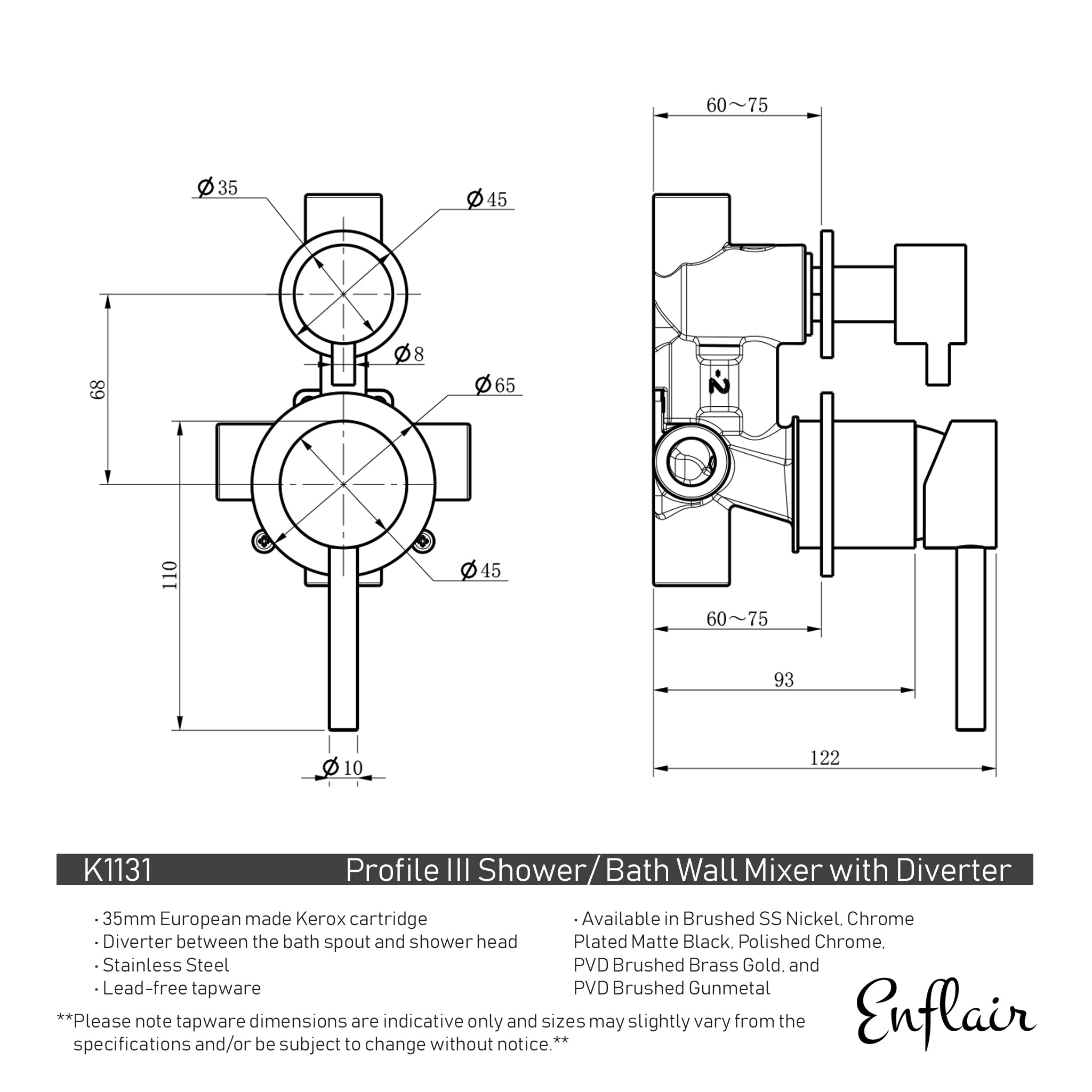 Profile III Shower/ Bath Wall Mixer with Diverter, Brushed SS Nickel