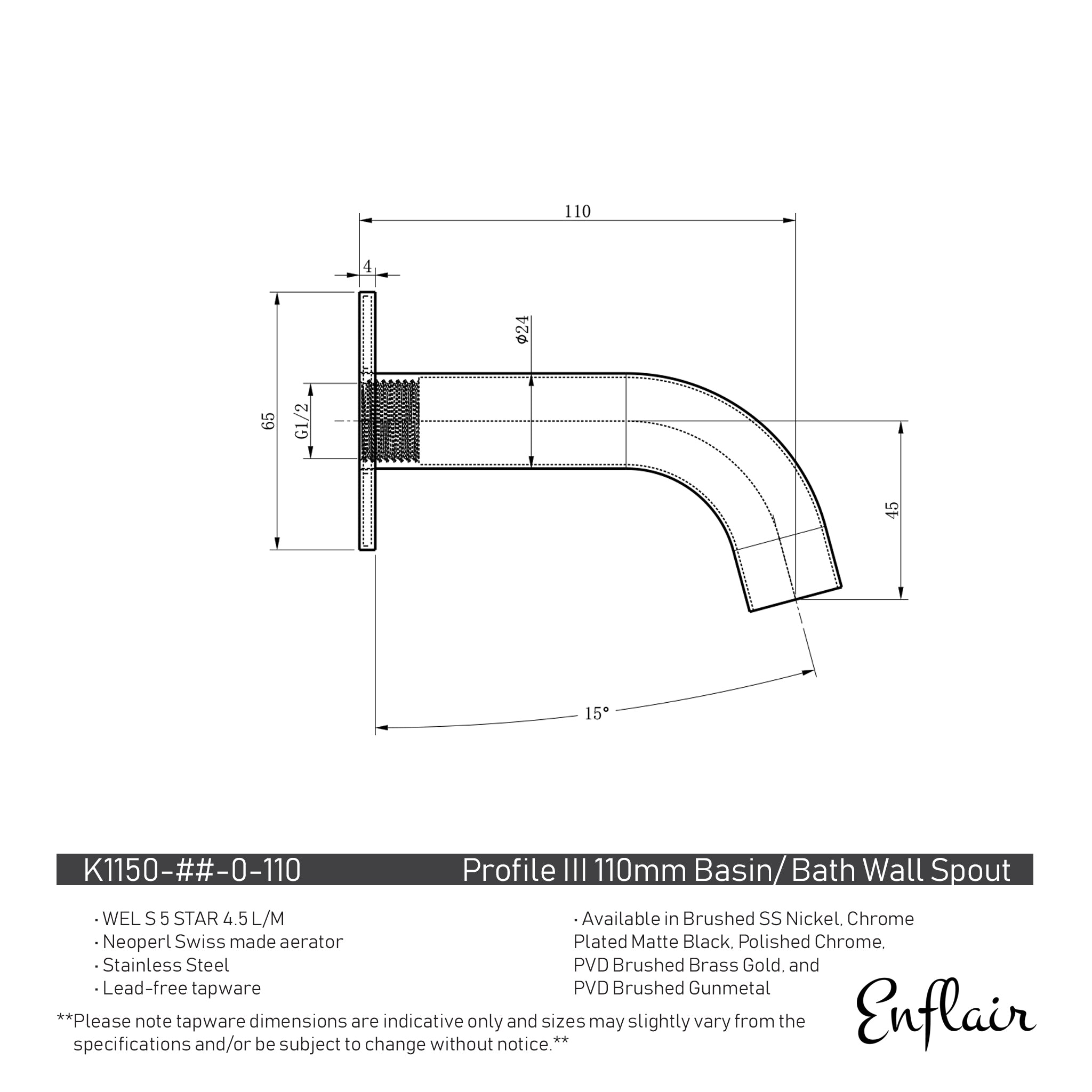 Profile III 110mm Basin/ Bath Wall Spout, PVD Brushed Gunmetal