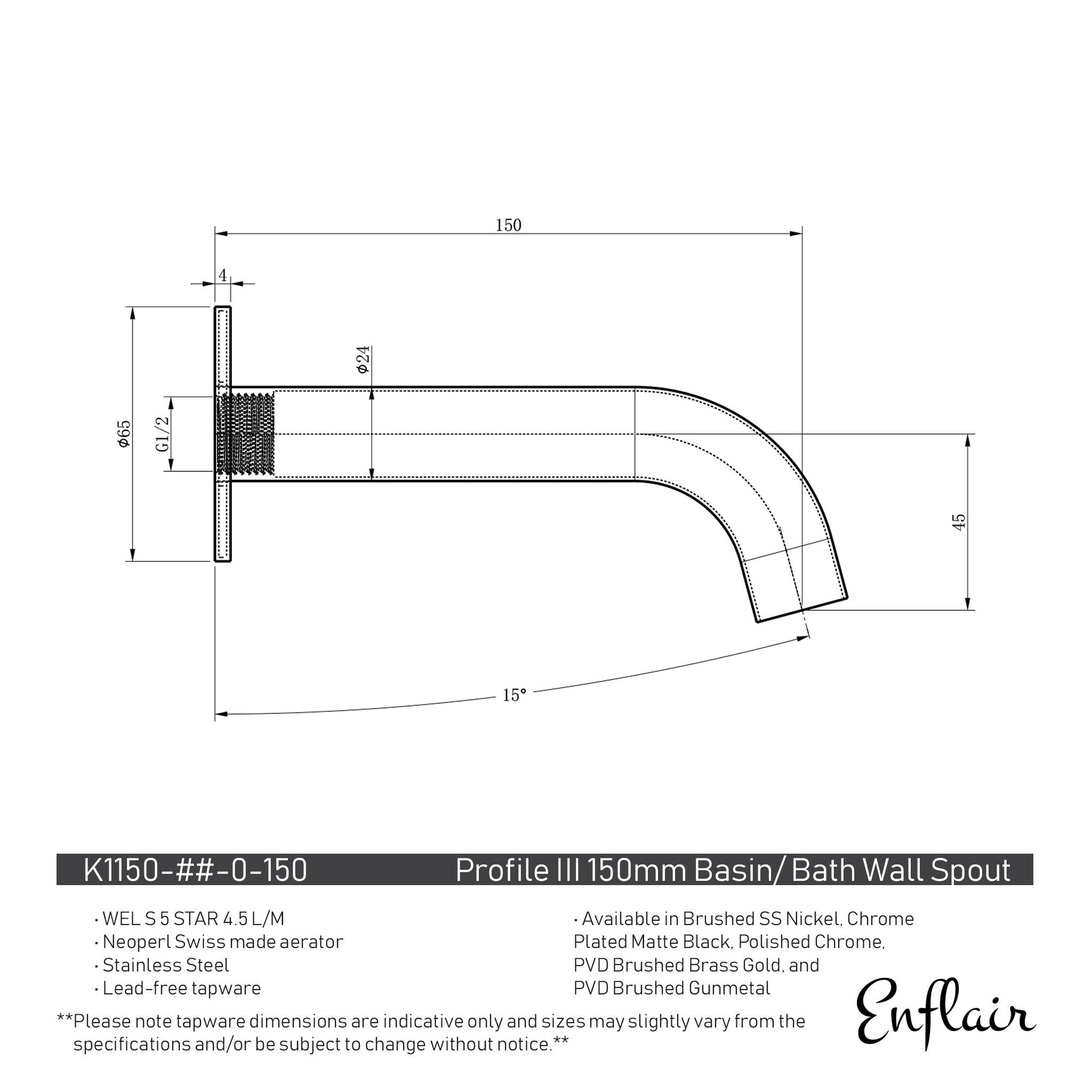 Profile III 150mm Basin/ Bath Wall Spout, Brushed SS Nickel