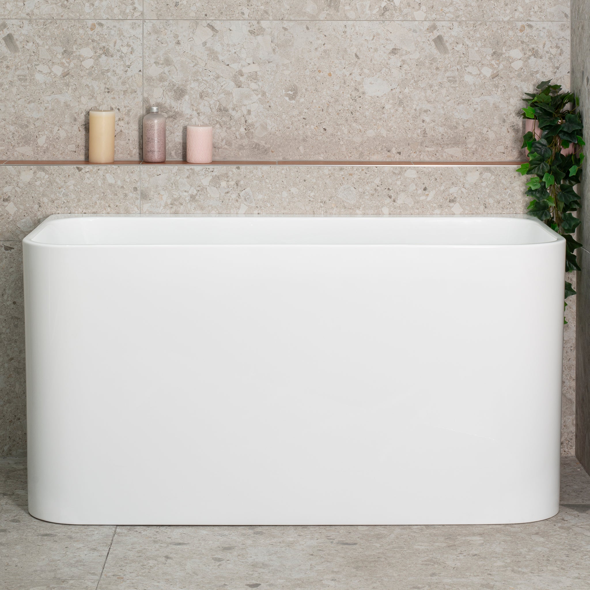 Estus 1300mm Back to Wall Japanese Soaking Bathtub with Seat, Gloss White