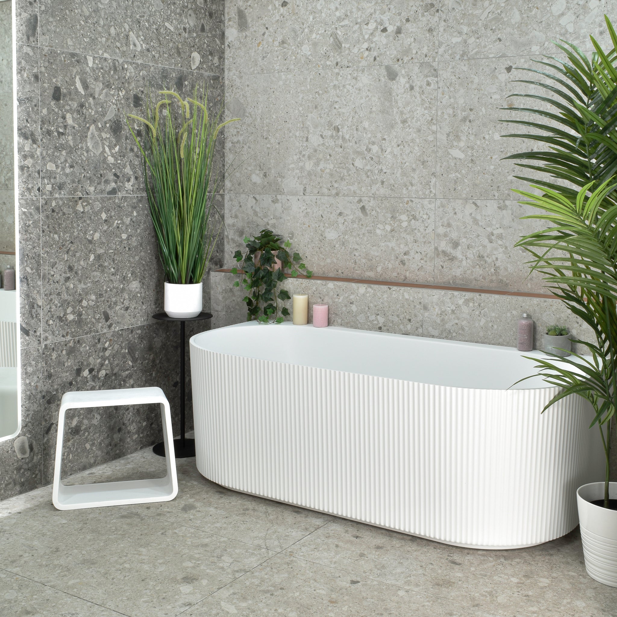Brighton Groove 1700mm Fluted Oval Freestanding Back to Wall Bath, Matte White