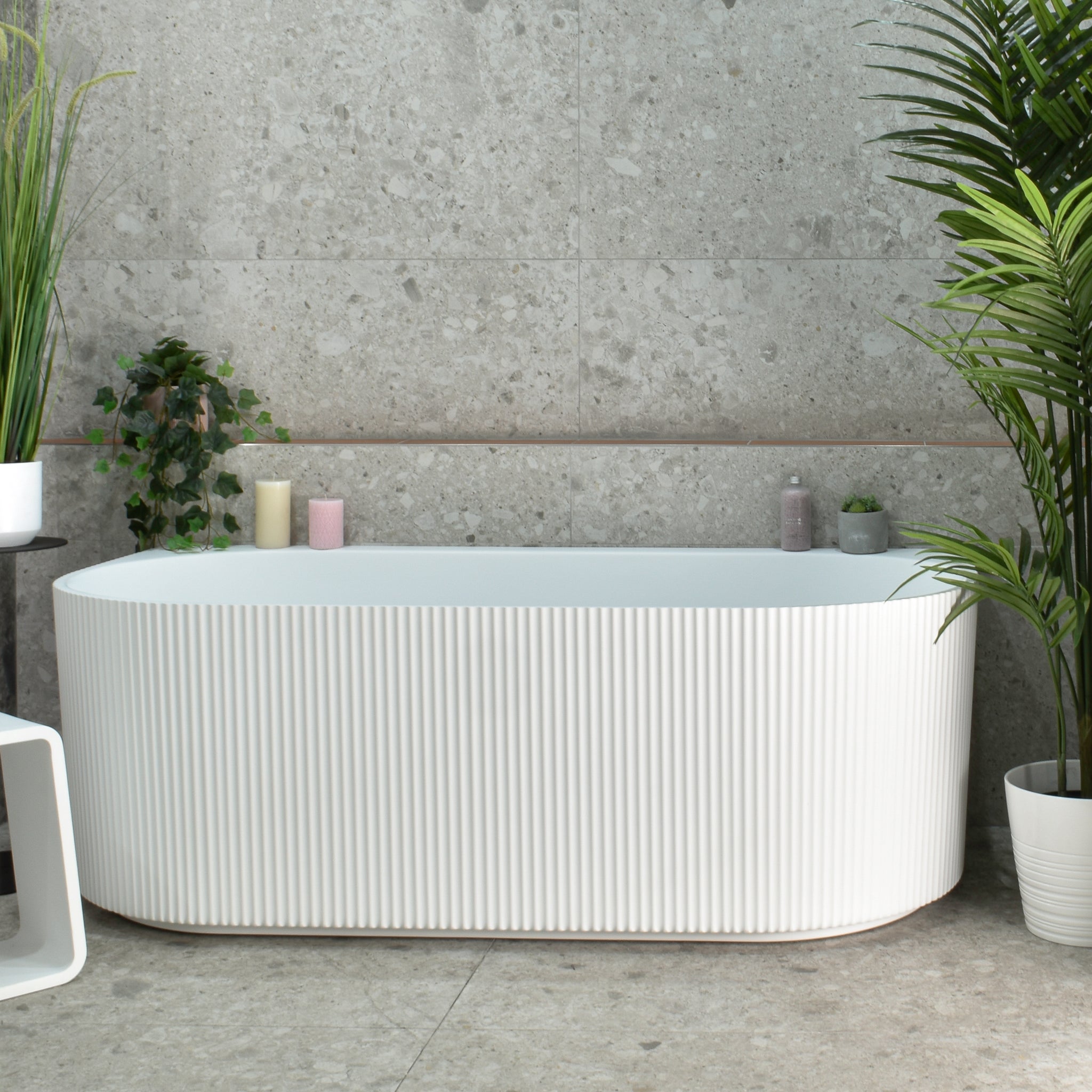 Brighton Groove 1700mm Fluted Oval Freestanding Back to Wall Bath, Gloss White