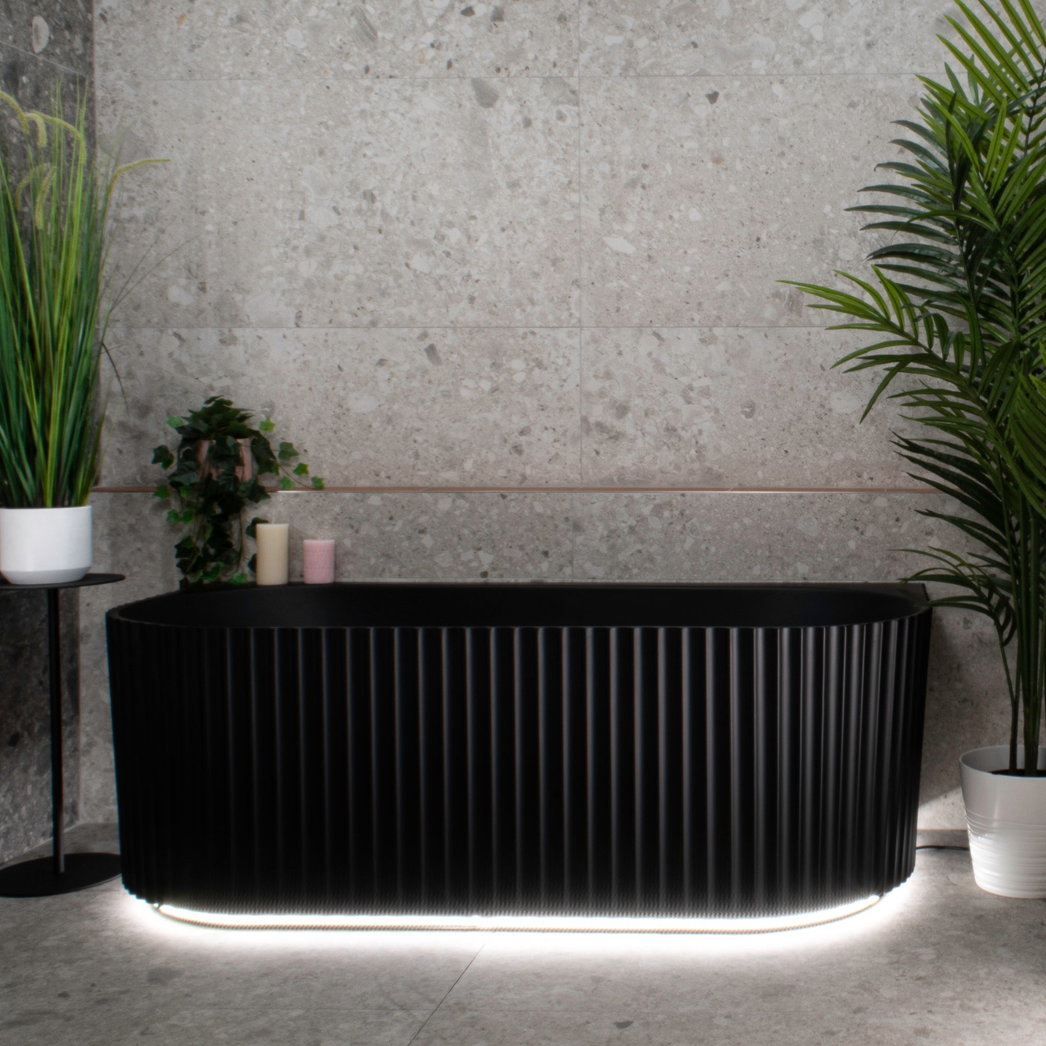 Agora Groove 1700mm Fluted Oval Freestanding Back to Wall Bath, Matte Black