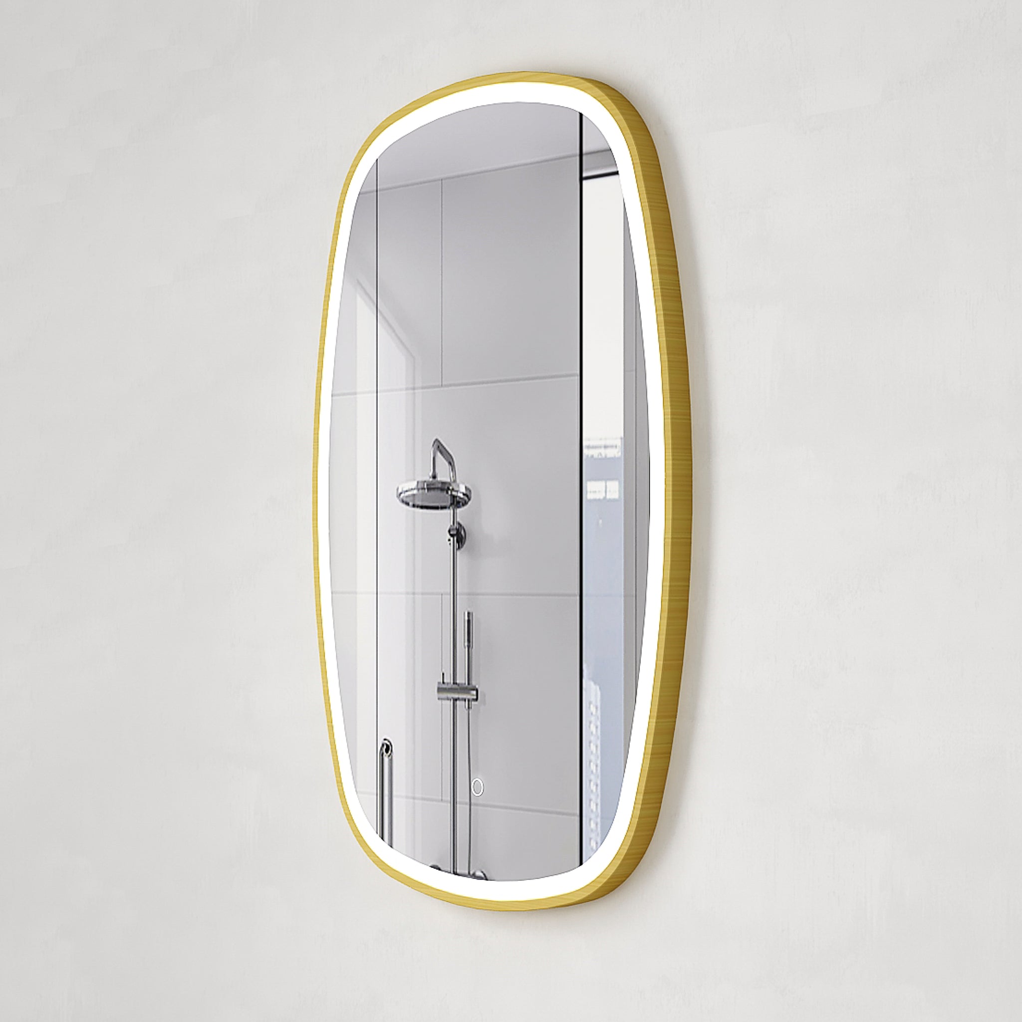 Riri Oblong 600mm x 900mm Frontlit LED Mirror with Brushed Brass (Gold) Frame and Demister