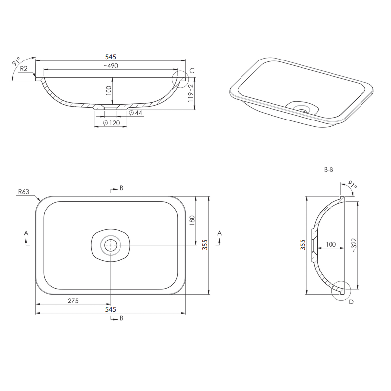 Glory 545mm x 355mm Inset & Under-counter Basin, Matte White