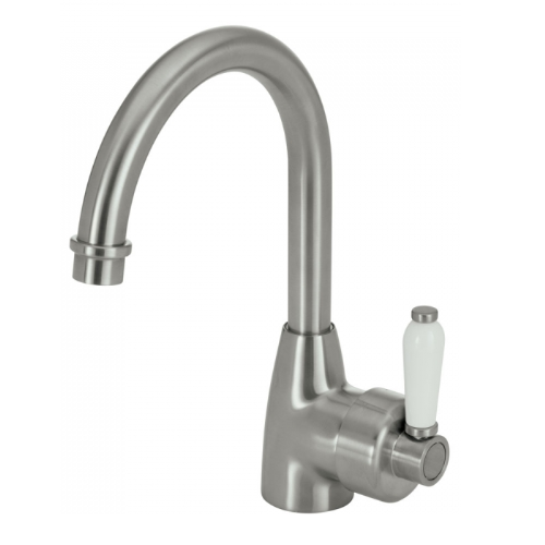 Fienza Eleanor Gooseneck Basin Mixer I Brushed Nickel I Ceramic White Flick Mixer Handle