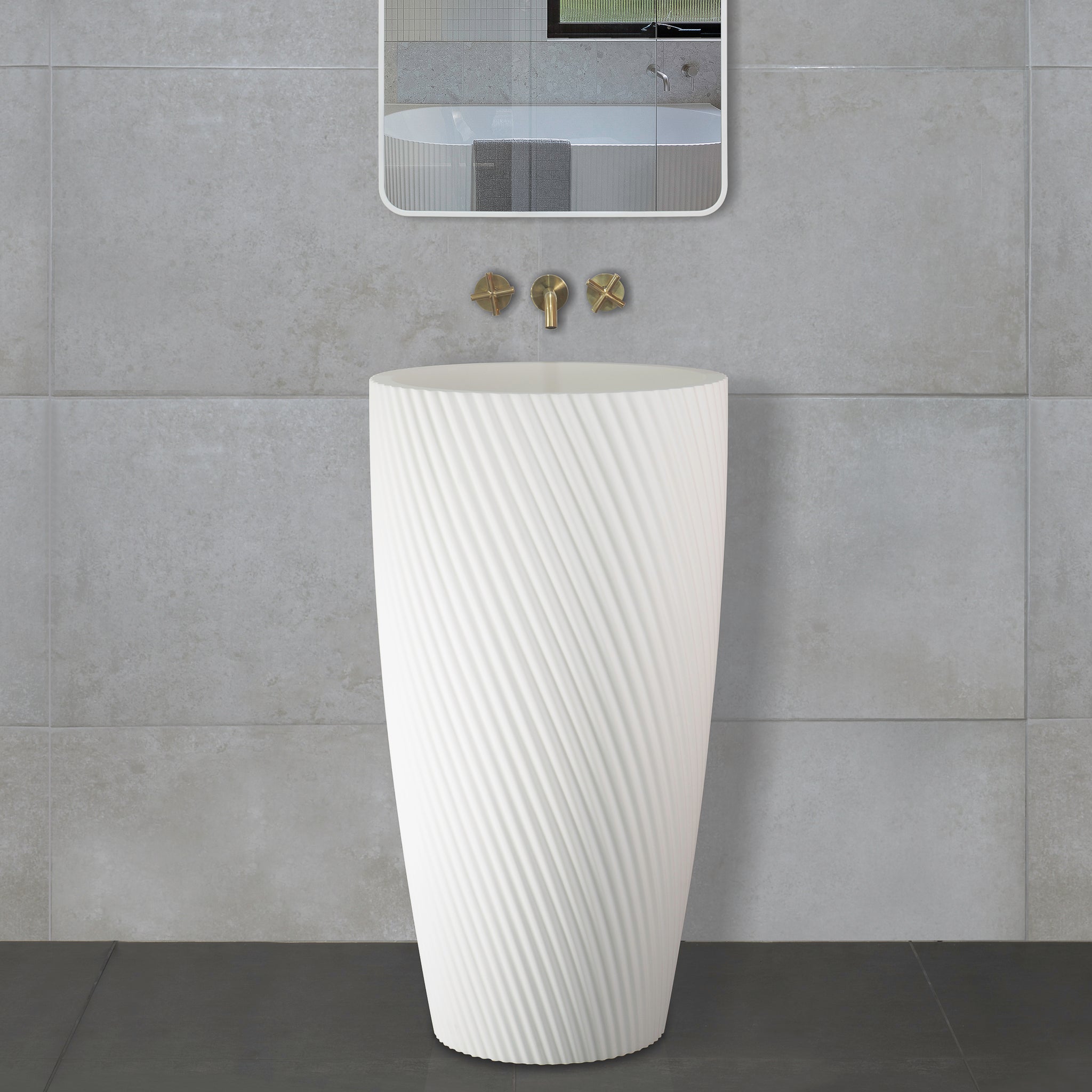 Circa Swirl 500mm Round Fluted Artificial Stone Pedestal Basin | Matte White |