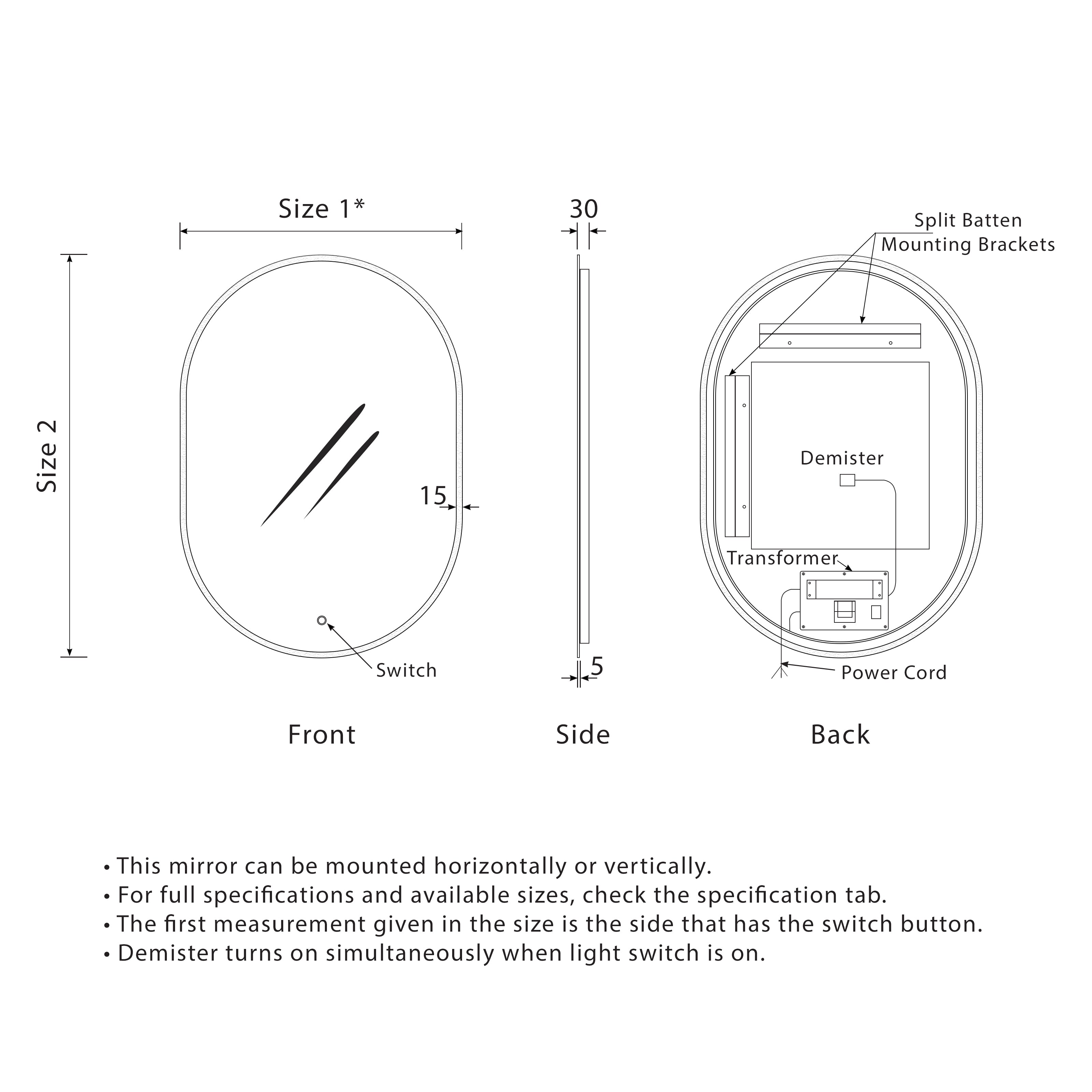 Pill Oval 1800mm x 900mm LED Mirror with Frosted Glass Border and Demister