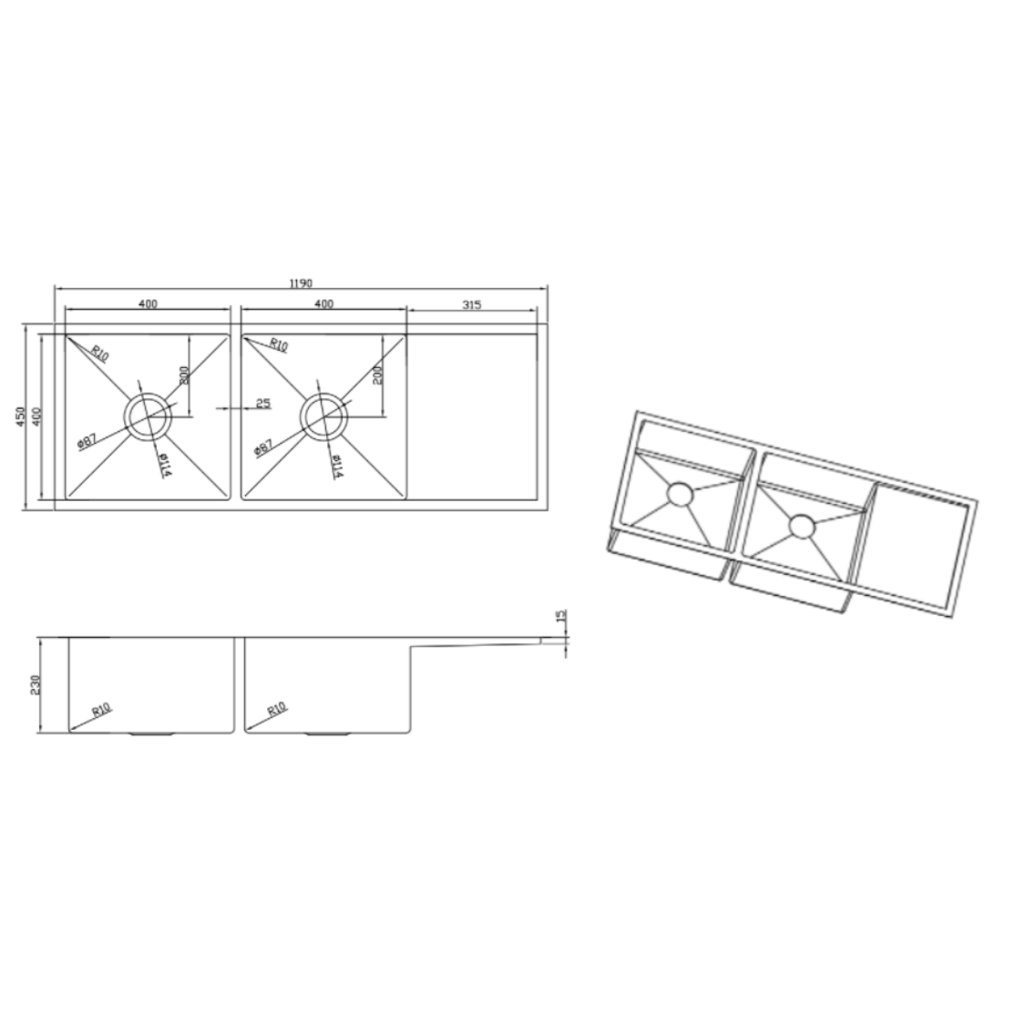 Retto 1190mm x 450mm x 230mm Stainless Steel Double Sink with Drainer | Brushed Gun Metal (black) |