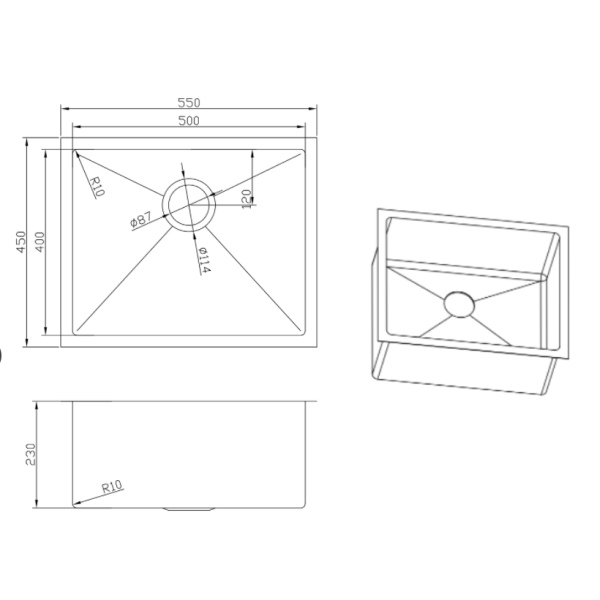 Retto 550mm x 450mm x 230mm Stainless Steel Sink | Brushed Nickel |