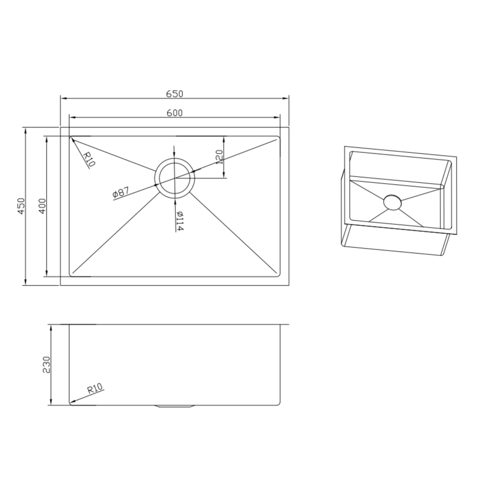 Retto 650mm x 450mm x 230mm Stainless Steel Sink | Brushed Nickel |