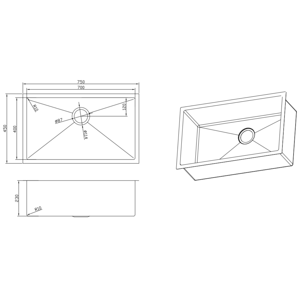 Retto 750mm x 450mm x 230mm Stainless Steel Sink | Brushed Brass (gold) |