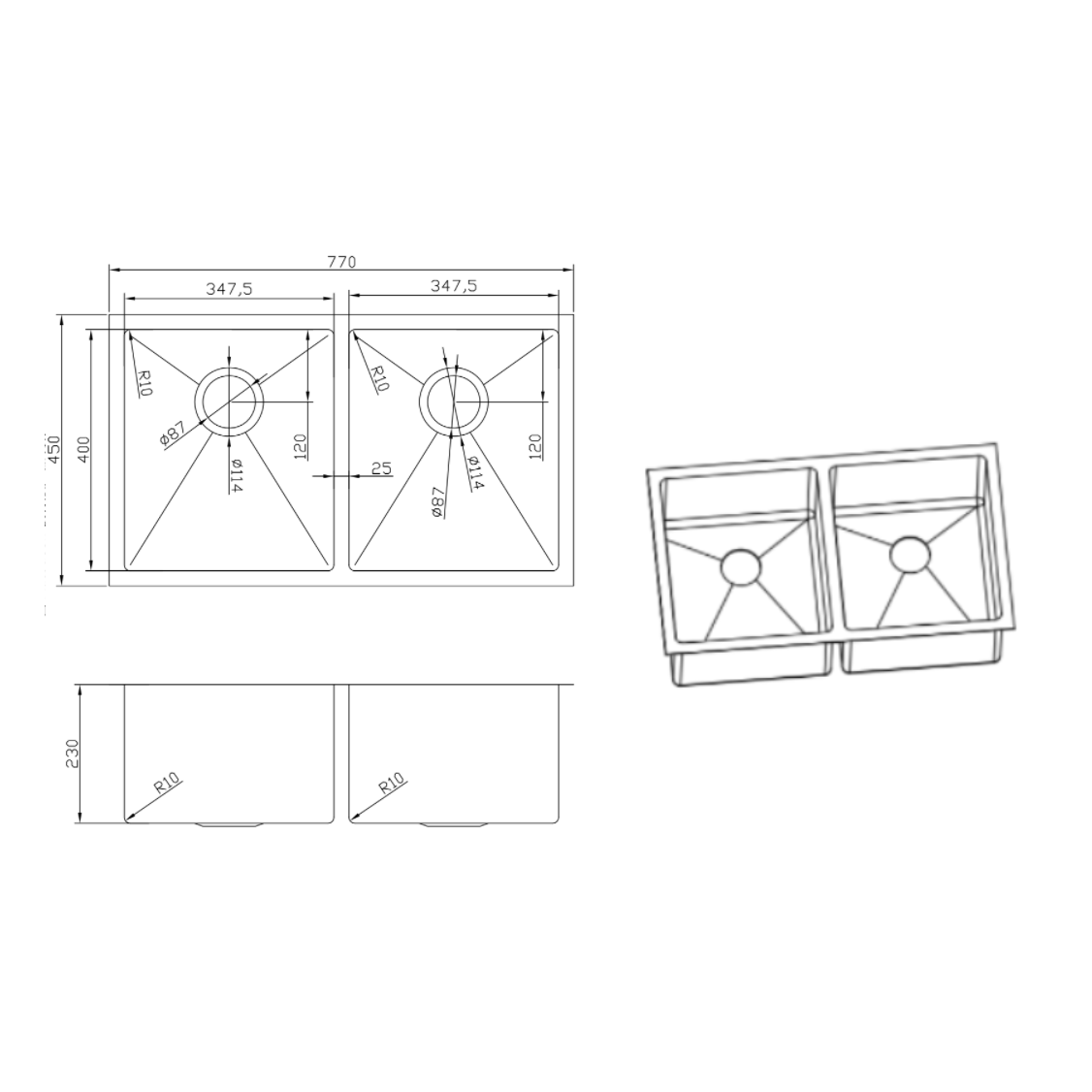 Retto 770mm x 450mm x 230mm Stainless Steel Double Sink | Brushed Nickel |