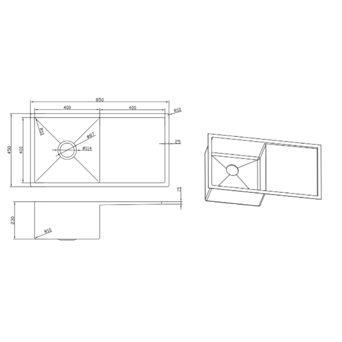 Retto 850mm x 450mm x 230mm Stainless Steel Sink with Drainer | Brushed Nickel |