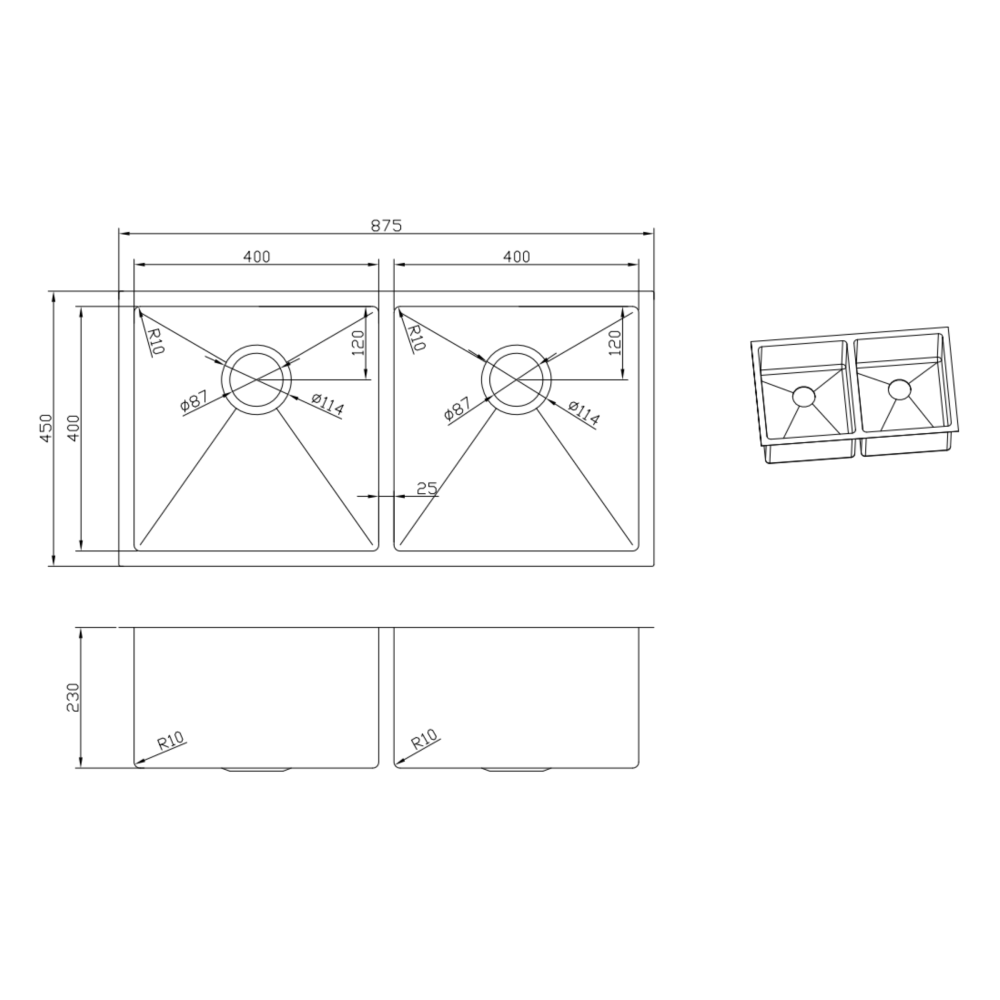 Retto 875mm x 450mm x 230mm Large Stainless Steel Double Sink | Brushed Nickel |