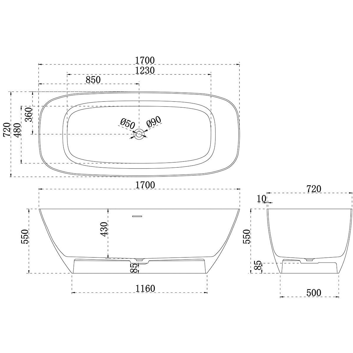 Rolo Soft Square 1700mm Artificial Stone Freestanding Bath, Matte White