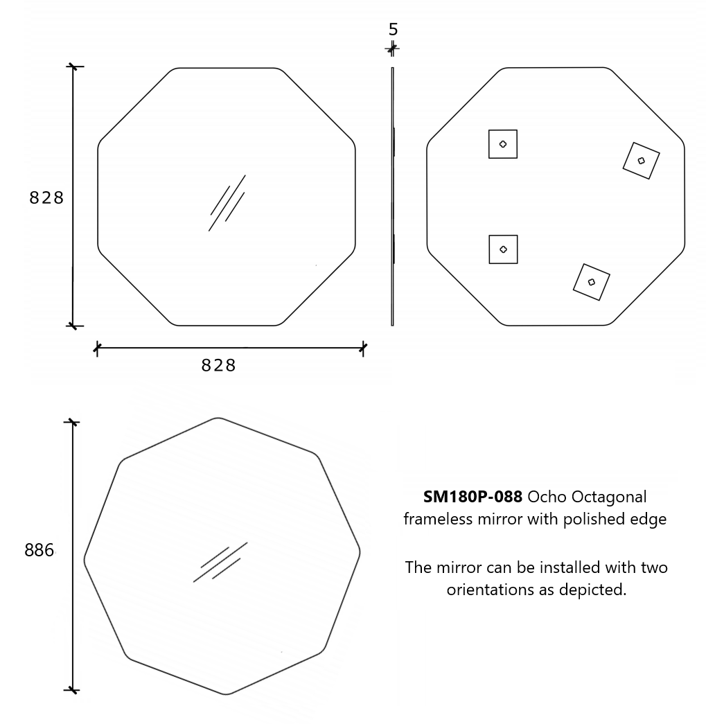 Ocho Octagonal 8-sided 888mm Frameless Mirror with Polished Edge