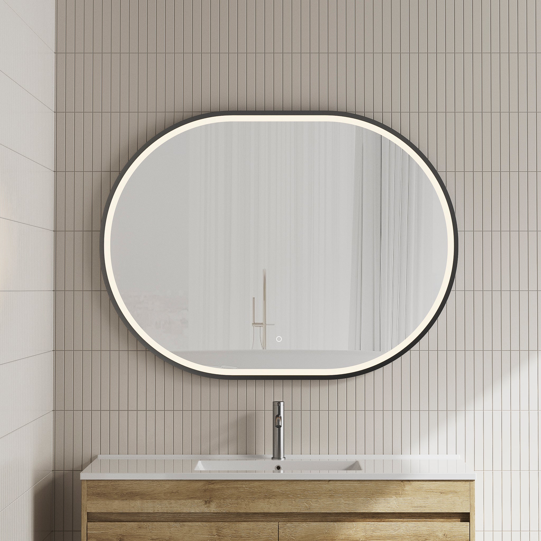 Pill Oval Frontlit LED Mirror with Matte Black Frame and Demister | 6 sizes available, from 500mm to 1500mm |