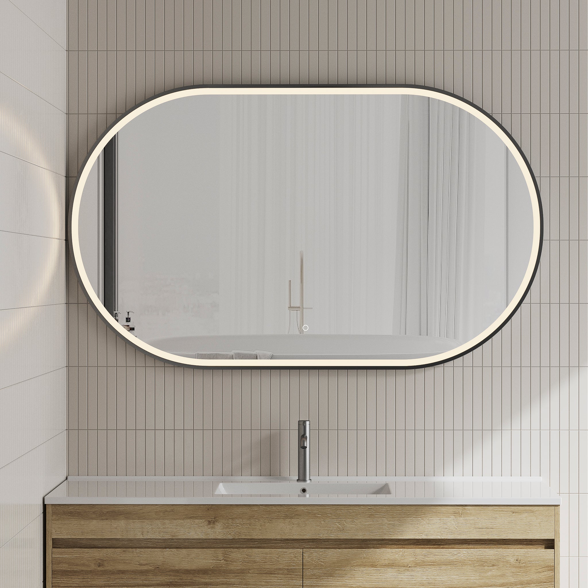 Pill Oval Frontlit LED Mirror with Matte Black Frame and Demister | 6 sizes available, from 500mm to 1500mm |