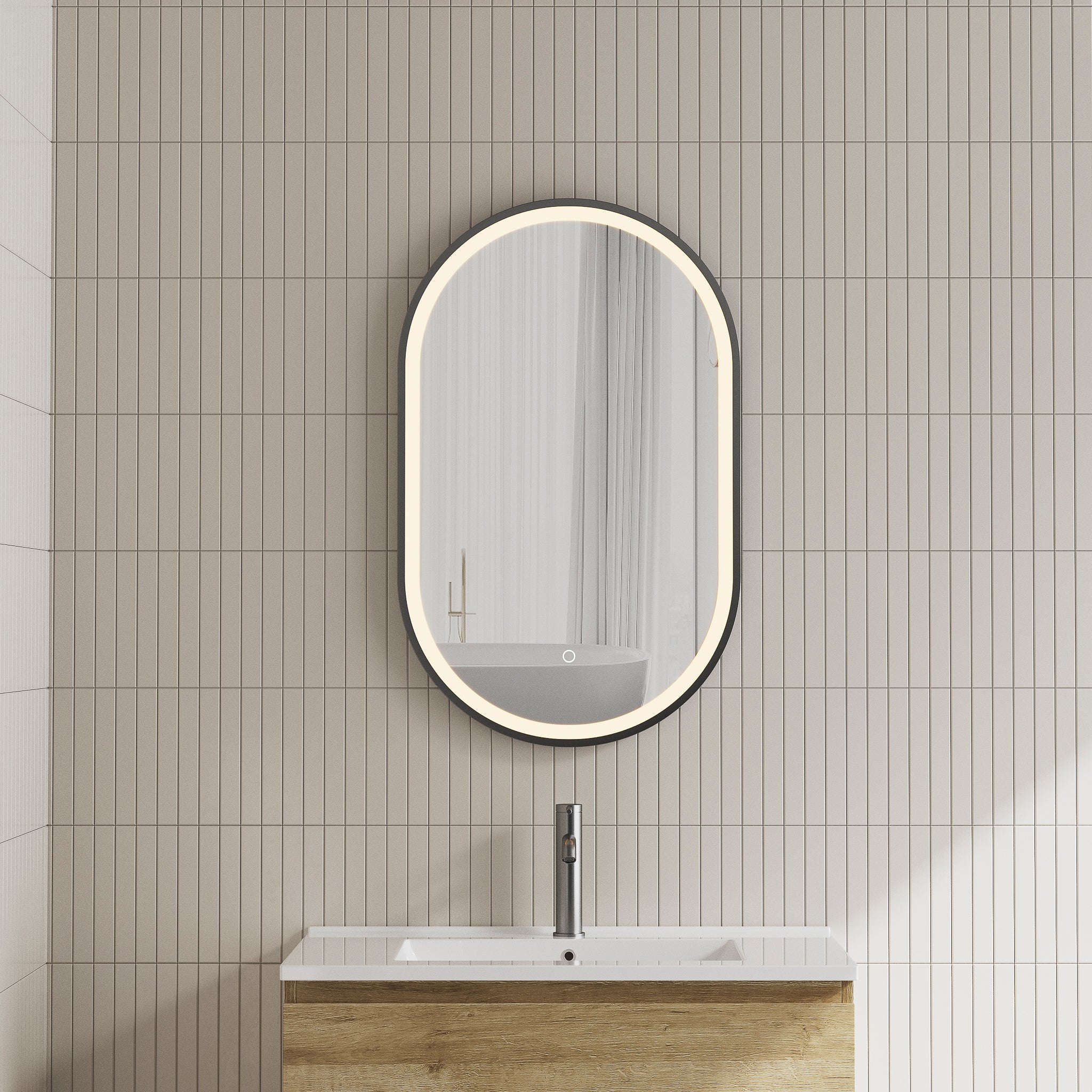 Pill Oval Frontlit LED Mirror with Matte Black Frame and Demister | 6 sizes available, from 500mm to 1500mm |