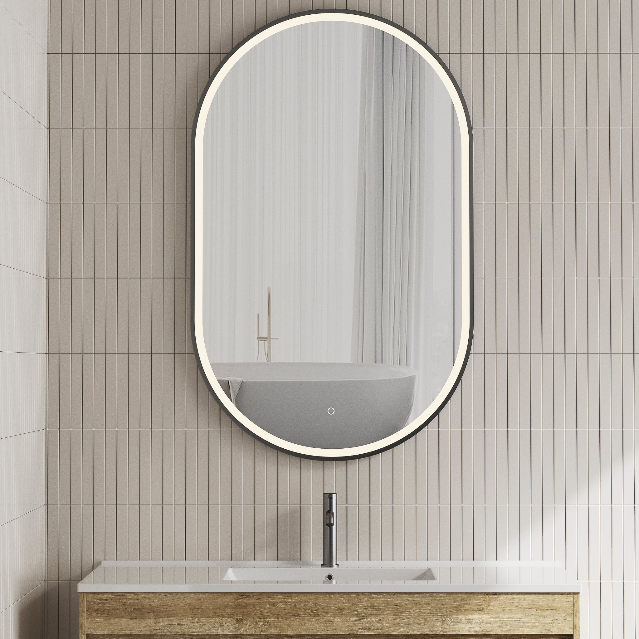 Pill Oval Frontlit LED Mirror with Matte Black Frame and Demister | 6 sizes available, from 500mm to 1500mm |