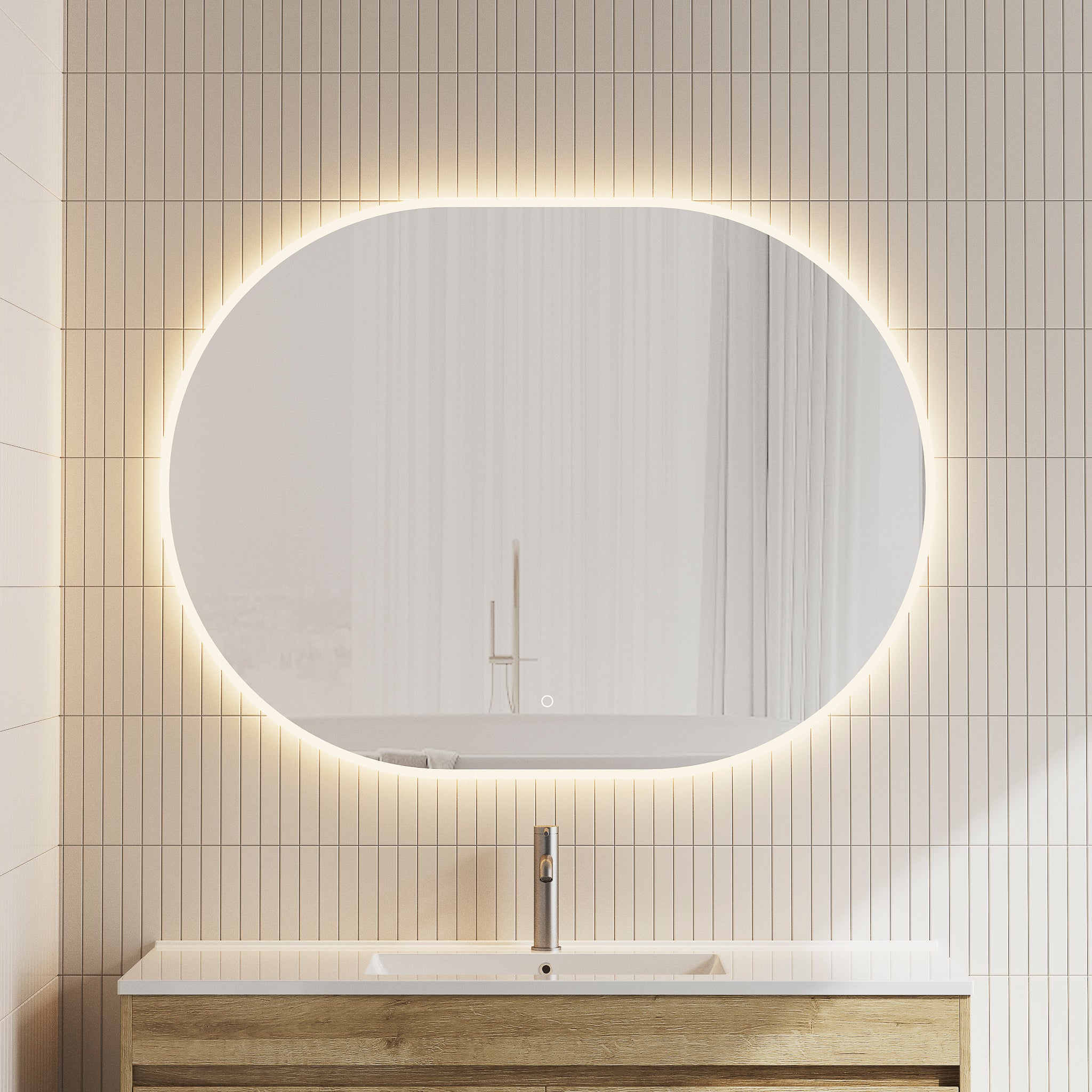 Pill Oval LED Mirror with Frosted Glass Border and Demister | 13 sizes available, from 400mm to 1800mm |