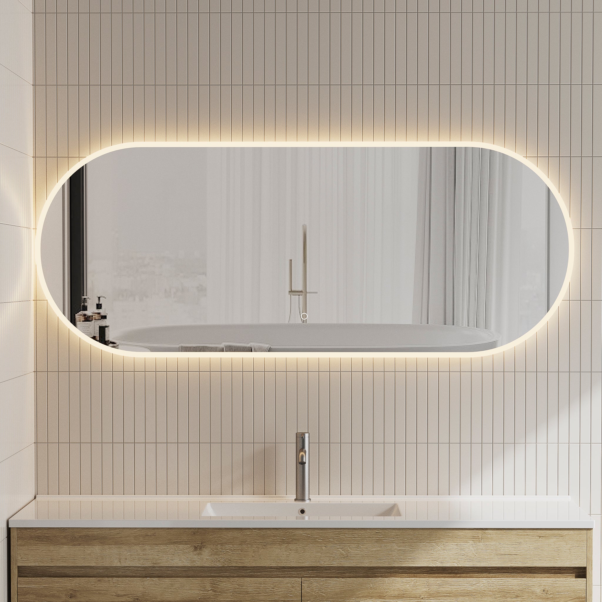 Pill Oval LED Mirror with Frosted Glass Border and Demister | 13 sizes available, from 400mm to 1800mm |