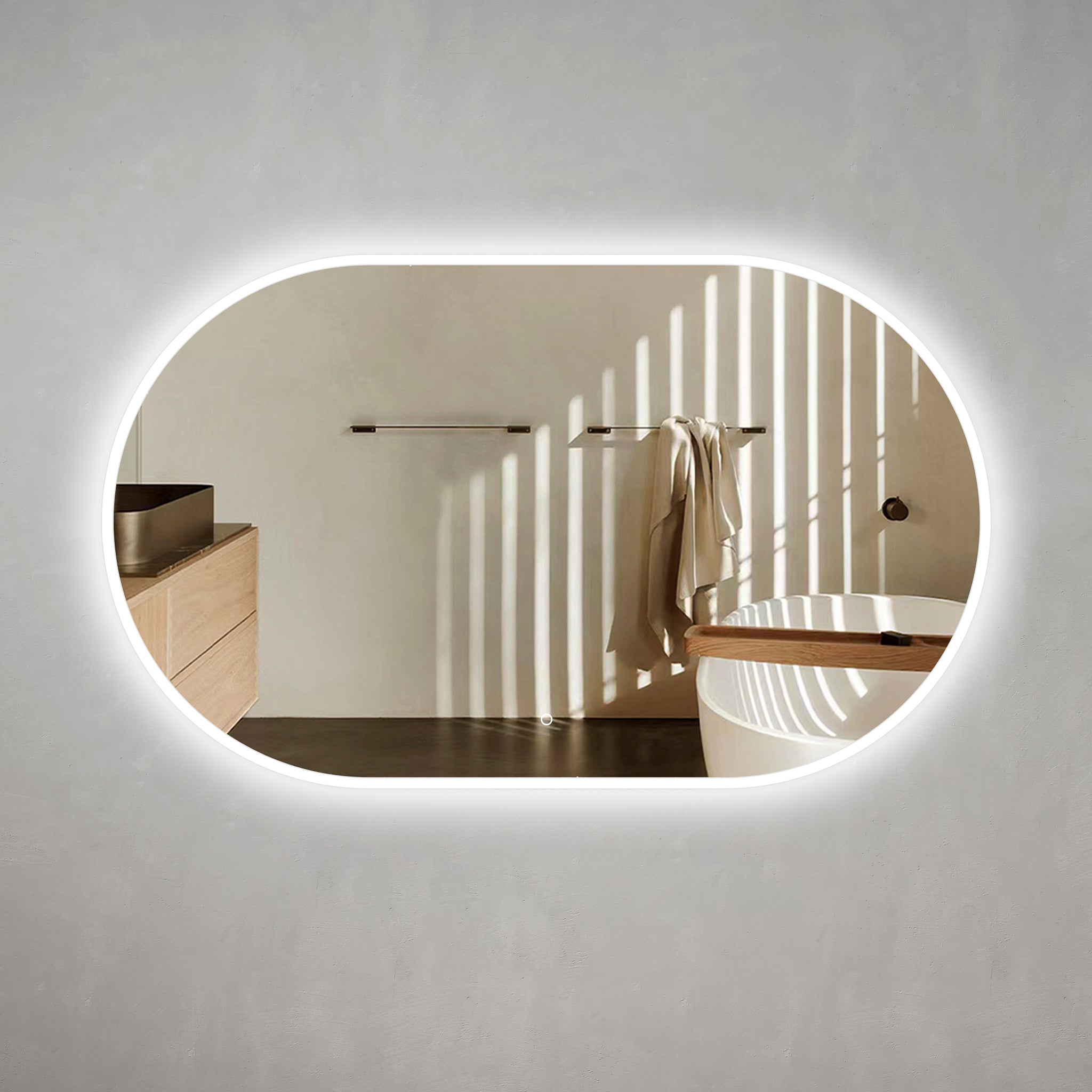 Pill Oval LED Mirror with Frosted Glass Border and Demister | 13 sizes available, from 400mm to 1800mm |