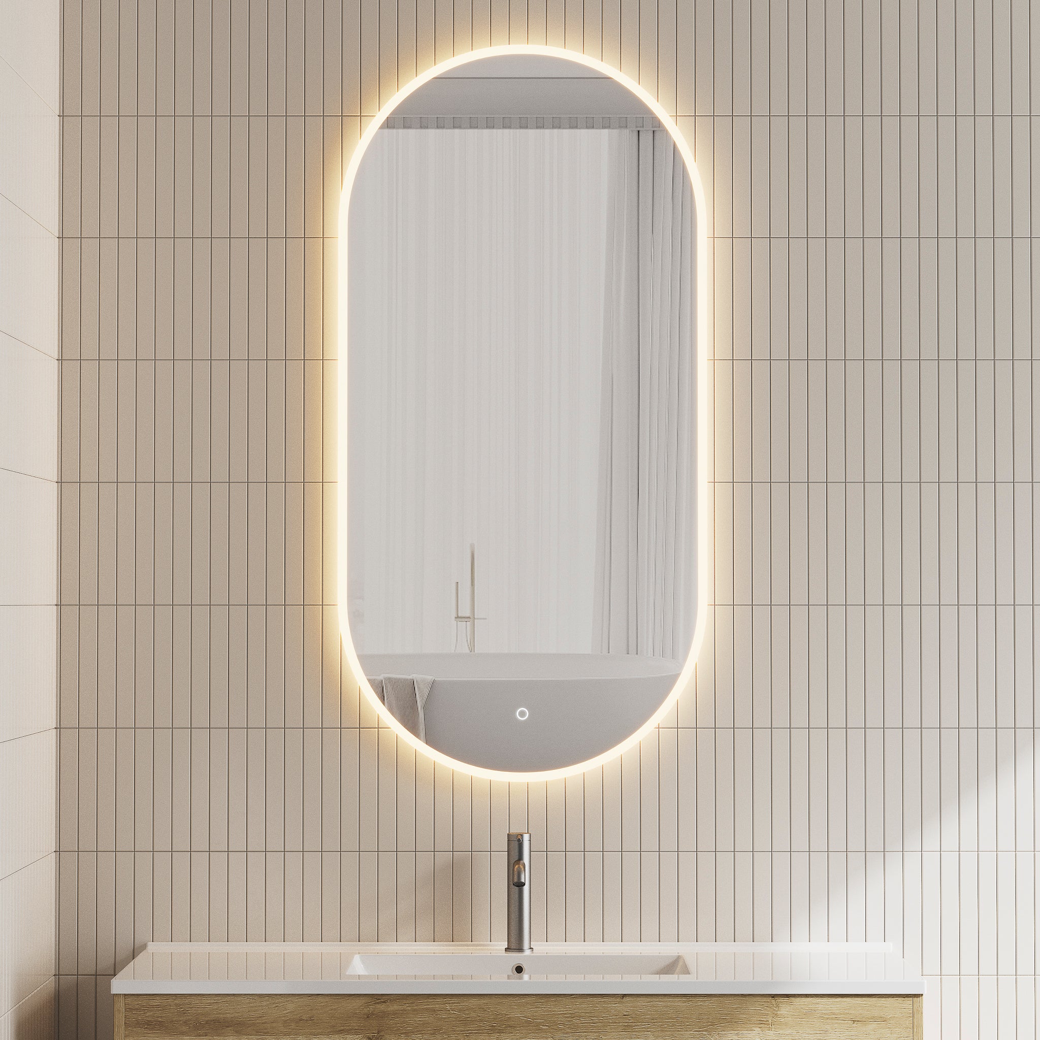 Pill Oval LED Mirror with Frosted Glass Border and Demister | 13 sizes available, from 400mm to 1800mm |