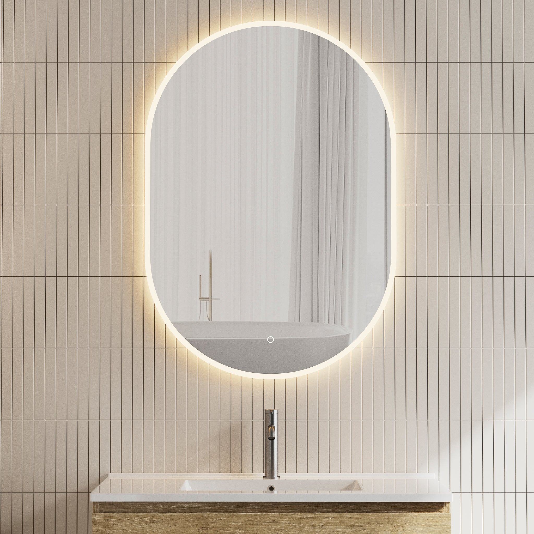 Pill Oval LED Mirror with Frosted Glass Border and Demister | 13 sizes available, from 400mm to 1800mm |