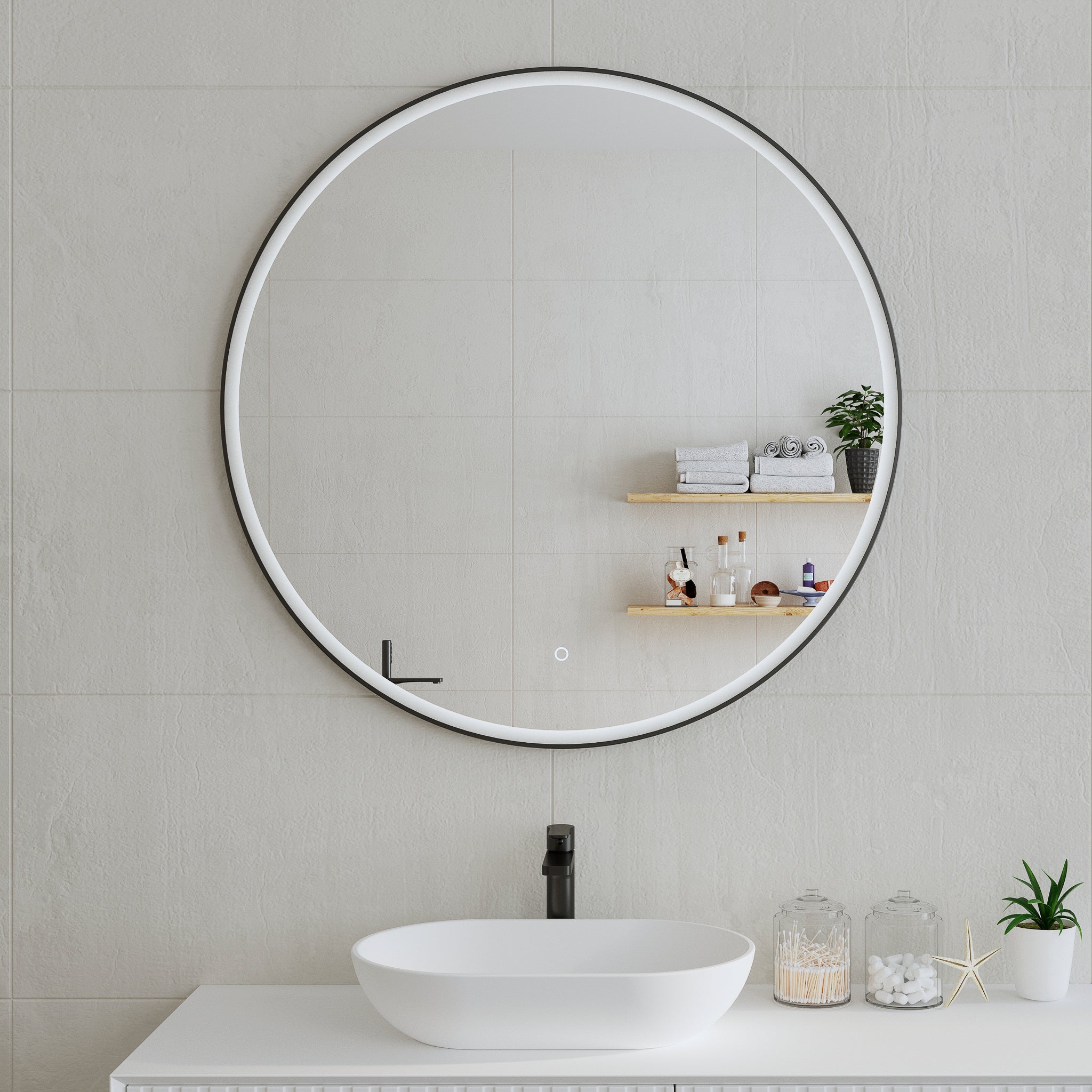 Circa Round Frontlit LED Mirror with Matte Black Frame and Demister | 3 sizes available, from 600mm to 1000mm |