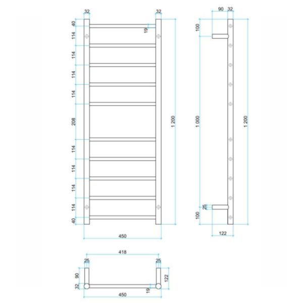 Thermogroup 10 Bar Thermorail Round Heated Towel Ladder 450mm | Matte Black |