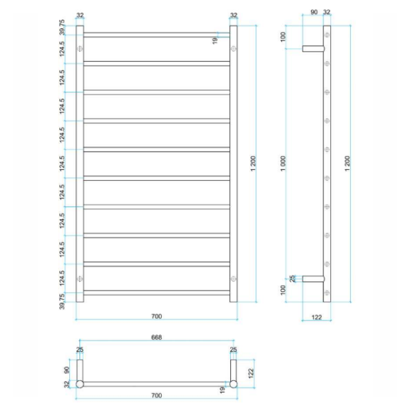 Thermogroup 10 Bar Thermorail Round Heated Towel Ladder 700mm | Polished Stainless |