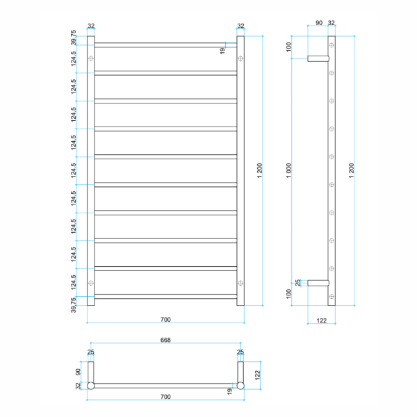 Thermogroup 10 Bar Thermorail Round Heated Towel Ladder 700mm | Brushed Stainless |