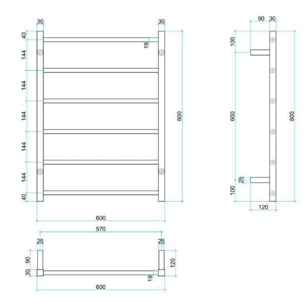 Thermogroup 6 Bar Thermorail Square Heated Towel Ladder 600mm | Matte Black |