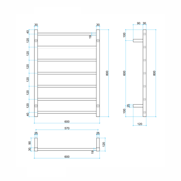 Thermogroup 7 Bar Thermorail Square Heated Towel Ladder 600mm | Brushed Stainless |