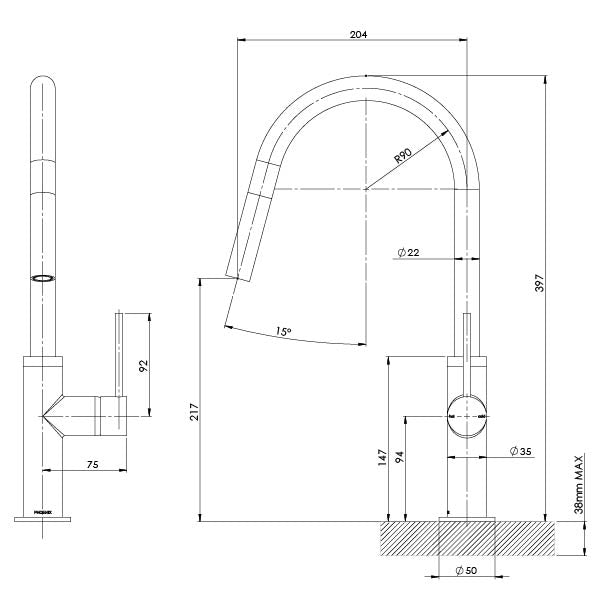 Phoenix Vivid Slimline Pull Out Sink Mixer 200mm | Gun Metal |