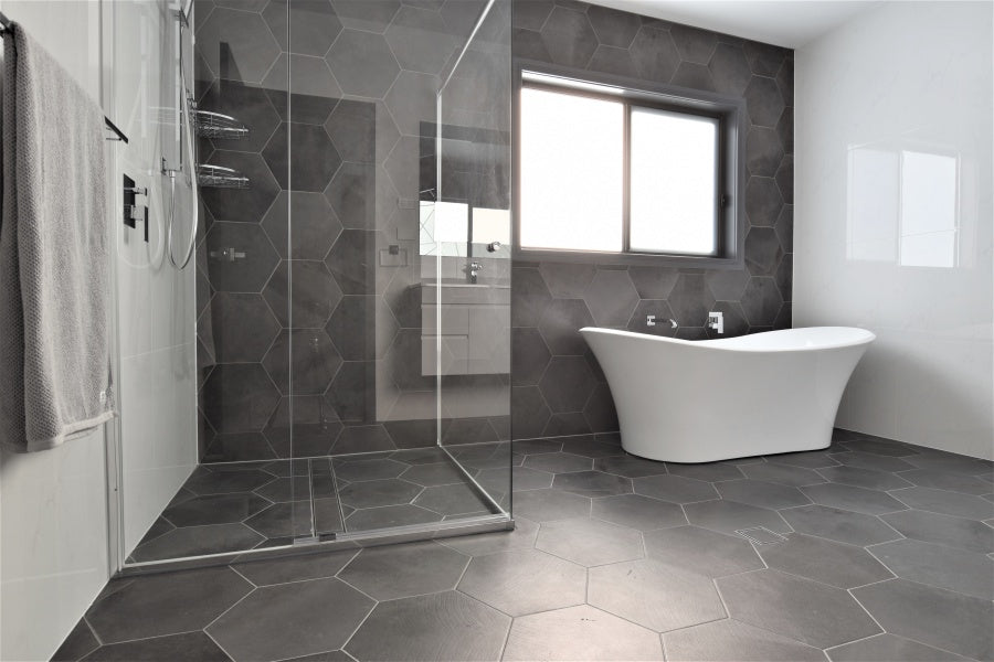 84 Bathrooms Hexagonal Charcoal Tiles Contrast Against Allwhite W