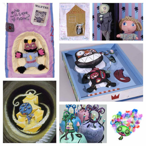 Collection of paintings, sculptures, illustrations, and dolls by artist Alex Mitchell of the Twinki-Winki brand.