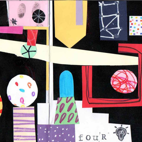 Playful paper collage with colorful shapes on black background by artist Alex Mitchell.