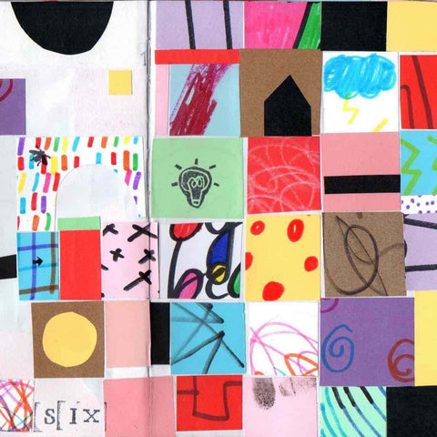 Playful paper collage with colorful square shapes on white  background by artist Alex Mitchell.