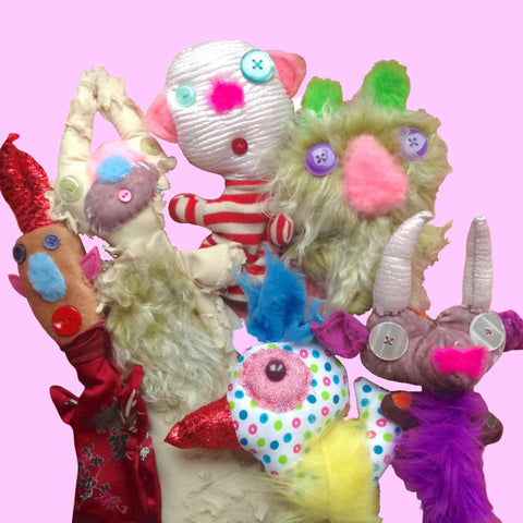 Colorful furry fabric puppets with sweet faces of a funny group of characters from Twinki-Winki by Alex Mitchell.