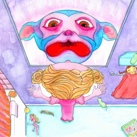 Colorful illustration of shocked girl looking in bathroom mirror and seeing a horrible monster staring back by Alex Mitchell.
