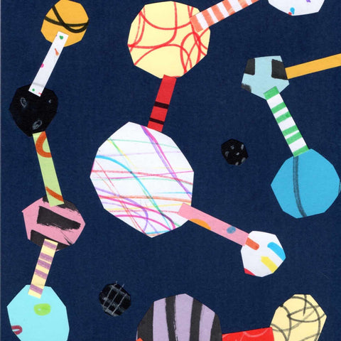 Colorful paper collage with connected shapes like constellations on dark blue background by Alex Mitchell.