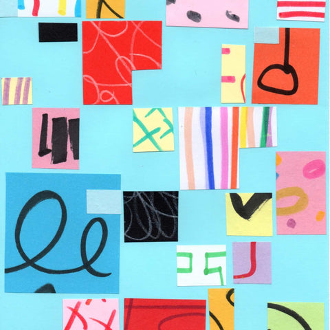 Colorful paper collage with mostly square pixelated shapes on light blue background by Alex Mitchell.