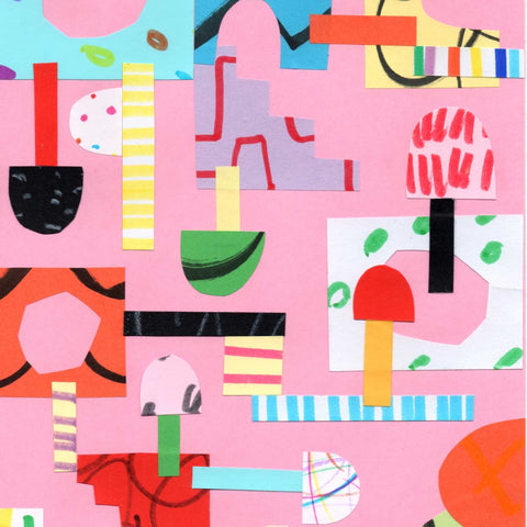 Colorful paper collage with a map-like patchwork of playful shapes on pink background by Alex Mitchell.