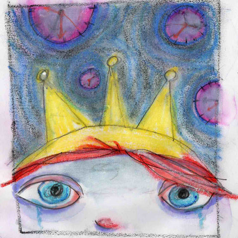 Crayon drawing of sad face with red hair and yellow crown and pink clocks floating above by Alex Mitchell.