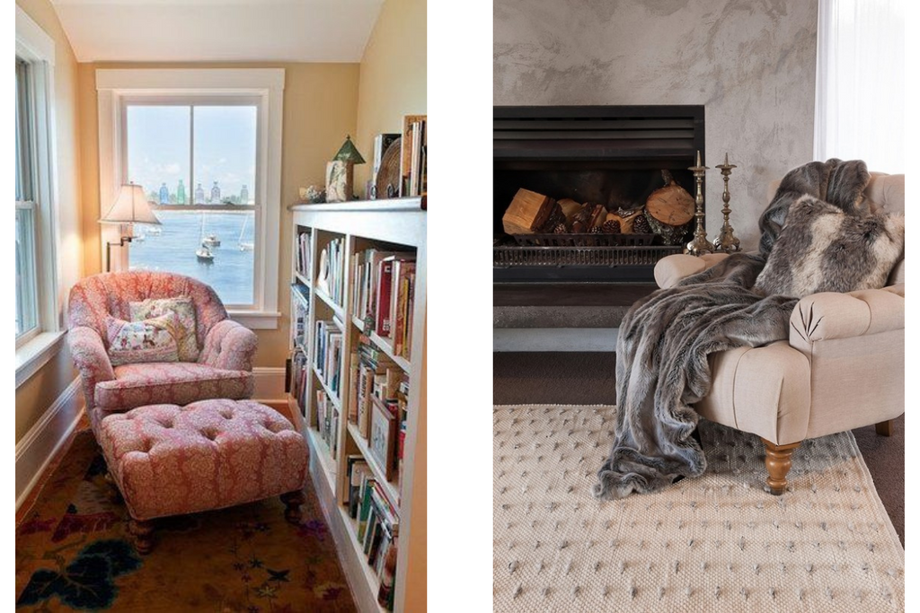 cosy corners with relaxing chairs, books and fur throws
