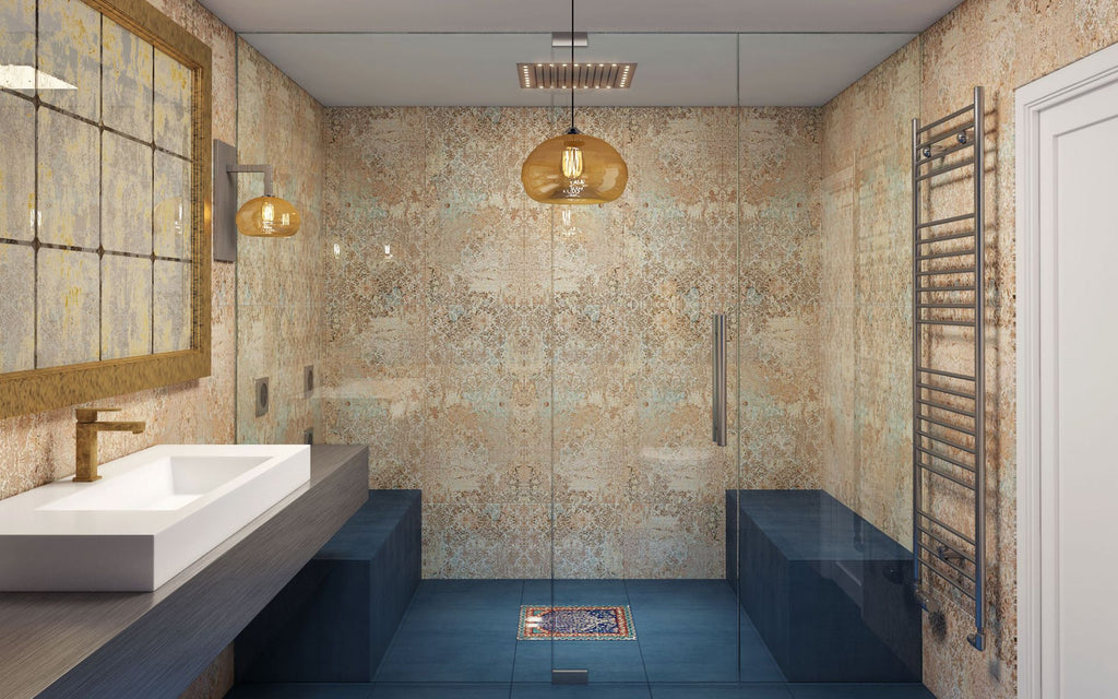 Blue and Gold bathroom, designworxnz